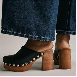 YDN Black Platform Slip On Clogs Mules Cork High Heel Round Toe Rivet Sandals